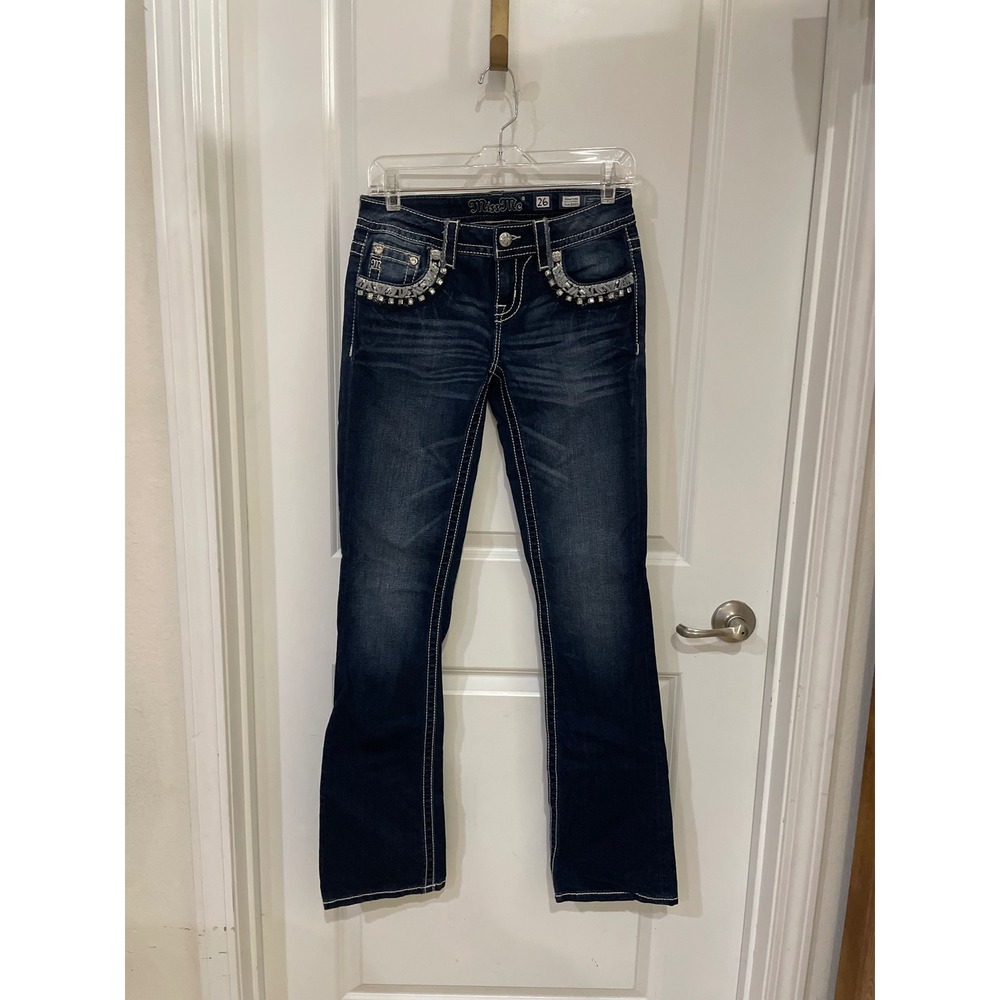 Miss Me Signature Slim Bootcut Jeans Dark Wash Embellished Crystal Size 26